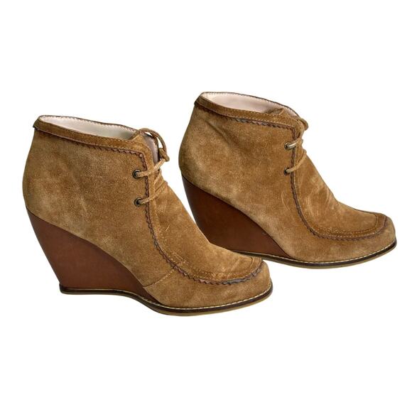 Plenty by Tracy Reese "Jacoby" Suede Ankle Boots Tan Wedge Heel Lace Bohemian 7 - Picture 1 of 7